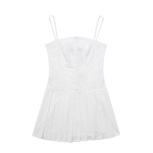 Mini Robe Blanche Pour Femme Avec Broderie Florale Et Plis Bretelles Spaghetti Réglables Taille Haute Robe D'Été Douce