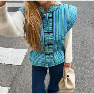 Women's Chinese Style Quilted Vest Blue Striped Sleeveless Waistcoat With Traditional Frog Button Standing Collar Streetwear