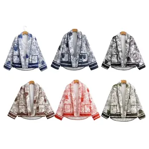 Quilted printed jacket collection in six colors with dual front pockets and rib knit trim
