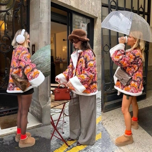 Women's Vintage Paisley Print Quilted Jacket With Faux Sherpa Trim Bohemian Loose Fleece Warm Outerwear Button Up Coat