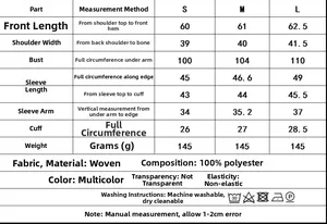 Size chart for embroidered shirt and pants set showing detailed S to L measurements