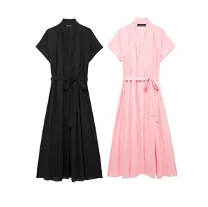 Elegant Women V Neck Shirt Dress Short Sleeve Pleated Maxi Dress With Waist Tie Casual Office Button Up Pink Black