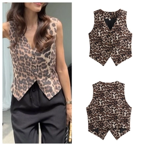 Gilet da Donna Vintage a Stampa Leopardata Scollo a V con Bottoni Senza Maniche Crop Top Orlo Irregolare Streetwear Moda
