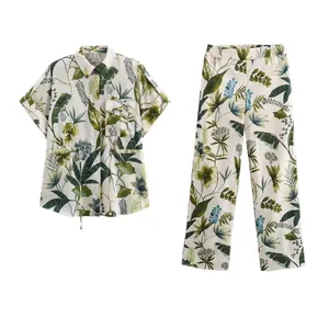 Chemise à Manches Courtes Boutonnée à Imprimé Palmier Tropical Et Pantalon à Jambes Droites Tenue de Vacances d'Été