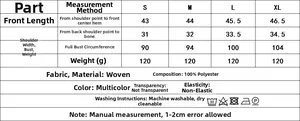 Detailed size chart for women's vest and pants set including measurements in S, M, L, XL