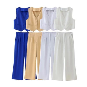 Detail of four-color women's vest and wide-leg pant sets in blue, khaki, grey, and white