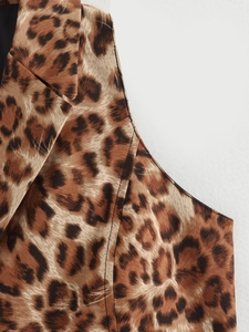 Detail of leopard print vest featuring a sharp notched lapel and black inner lining