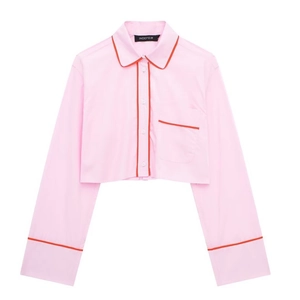Chemise courte à manches longues rose avec passepoil rouge contrasté pour femmes 2024