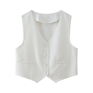 Detail of white V-neck vest featuring a four-button closure and sleek tailored pockets