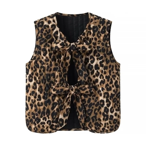 Quilted leopard print vest with stylish front bow ties for women summer fashion