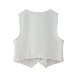 Rear view of white cropped vest featuring a symmetrical pointed hem and sharp tailored lines