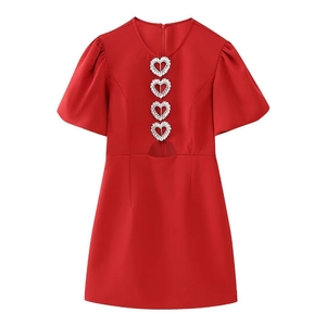 Sexy Damen Rotes Minikleid Rundhals Puffärmel Herzförmige Strass-Schnalle Ausschnitt Kurz Kleid Polyester Party