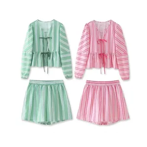 Women Casual Stripe Set With V Neck Tied Bow Ruffle Hem Long Sleeve Top And Elastic Waist Shorts Summer Outfits Co-ords