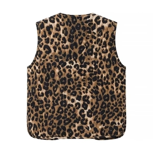 Back view of a trendy leopard print quilted vest with a sleek round neck for women