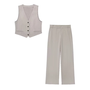 Women Casual V Neck Vest And High Waist Straight Leg Pants Grey Office Commute Sleeveless Top Trousers Outfits