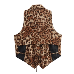 Rear view of a leopard print corset vest with black side panels and waist tie details