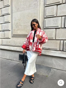 Chic quilted jacket with red toile de jouy print and elegant white silk maxi skirt