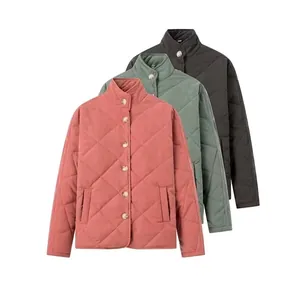 Veste Matelassée à Losanges Décontractée pour Femmes Col Montant Simple Boutonnage Manteau Rembourré Léger Mode Automne Hiver