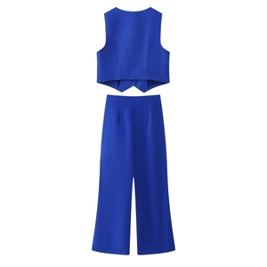 Rear view of cobalt blue two-piece set featuring cropped vest and wide-leg trousers