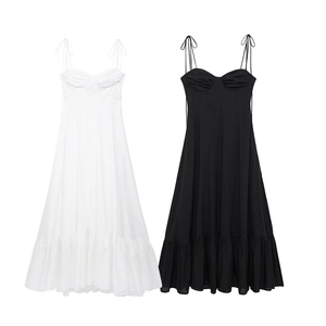 Women's tiered poplin dress with tie-straps and ruffled hem in black and white