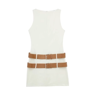 Chic white sleeveless bodycon dress featuring two brown decorative waist belts