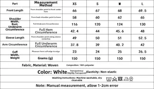 Detailed size chart for women's summer linen-style shirt with precise measurements