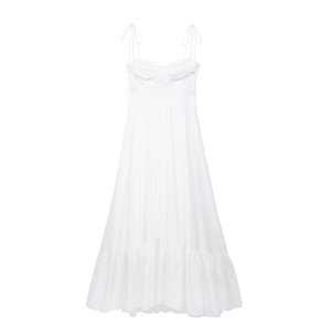 White poplin tiered midi dress with bow straps and ruffled hem on white background