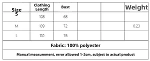 Size chart for women mesh dress with length, bust measurements and 100% polyester fabric