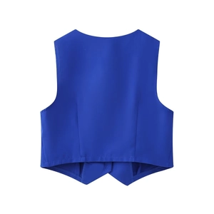 Detailed back view of a slim-fit navy blue suit vest with elegant tailored waist seams