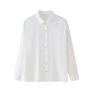 Women's white linen shirt with elegant embroidered hollow-out floral lace sleeves