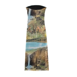 Slim fit tube top maxi dress with full landscape digital print and back slit detail