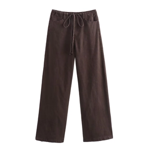 Pantaloni larghi marrone scuro da donna con coulisse, vita elastica e tasche laterali