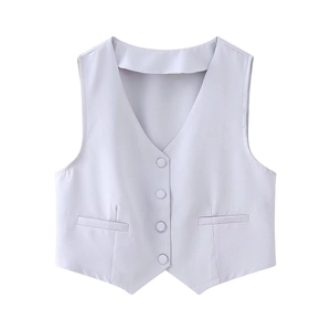 Detail of light purple-grey women's vest with V-neckline and matching buttons