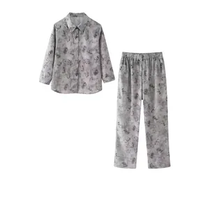 Women Elegant Beaded Embroidered Shirt Pants Set Casual Leaf Pattern Loose Top And Bottom Streetwear Outfit