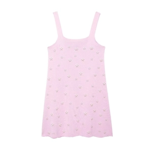 Robe débardeur en maille rose pour femme avec détails de fleurs en perles délicates
