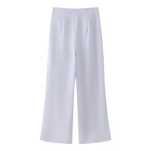 Detail of lavender high-waisted wide-leg trousers with elegant waist darts and smooth fabric