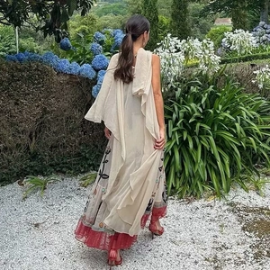 Elegant sleeveless maxi dress with floral embroidery and red pleated mesh hem contrast