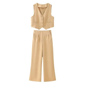 Women's two-piece beige vest and wide-leg trousers suit set with V-neckline