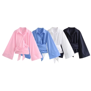 Women's poplin shirts with lapel collar and lace-up waist in pink, blue, white, and black