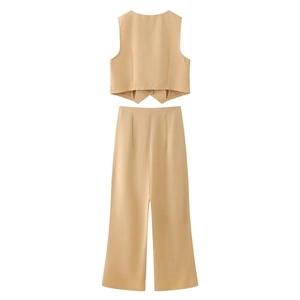 Back view of light khaki two-piece vest and high-waist wide-leg trousers set