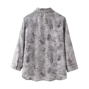 Women's summer grey marble print long sleeve shirt with leaf pattern and sequins