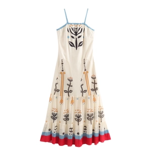 Ethnic style floral print maxi dress in cream with blue straps for summer vacation