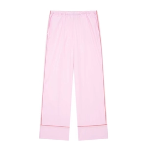 Pantalon large en popeline rose clair pour femme avec taille élastique et passepoil rouge