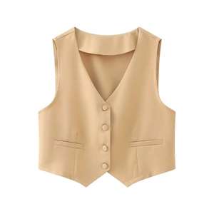 Detail of khaki V-neck vest with matching fabric buttons and flat decorative welt pockets