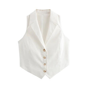 Women's white sleeveless waistcoat vest with V-neck and four brown buttons on white background