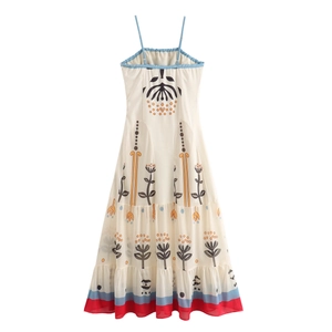 Detailed pattern of a summer maxi dress with floral prints and pleated striped hemline