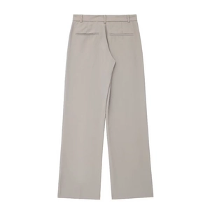 Women's slim fit back view of light gray high waist wide leg trousers with flat back pockets