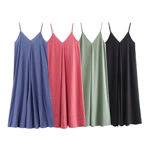 Women's summer V-neck sleeveless flowy midi dress in four colors with spaghetti straps
