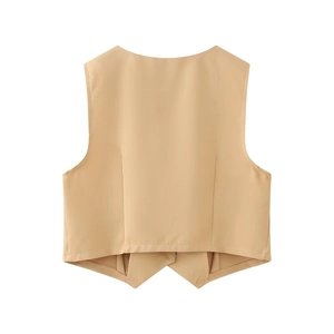 Back view of a khaki short vest suit showing waist darts and sharp hem detail