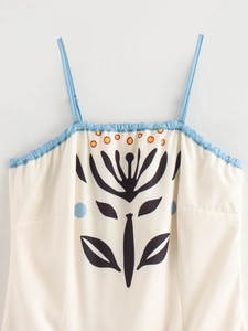 Close-up of floral print and slim shoulder straps on a summer boho maxi dress